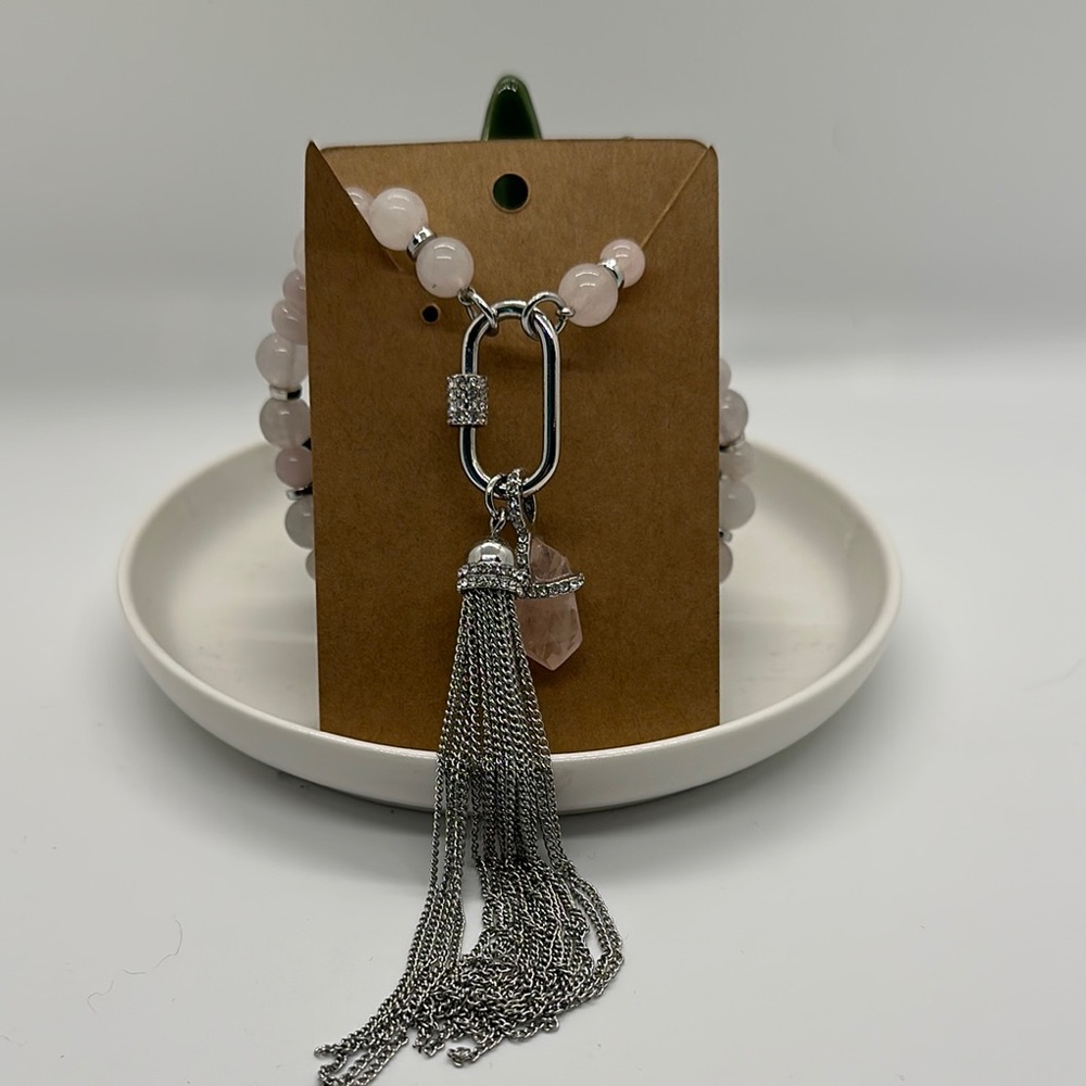 Pink Beaded Pendant with Silver Tassel No Bag No Tag never worn